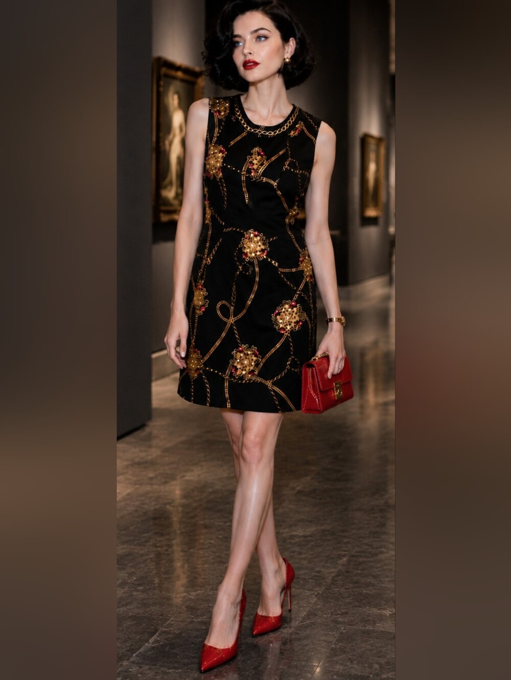 Enfocus Studio Black Gold Chain Print Sheath Dress Size 8 Elegant Cocktail